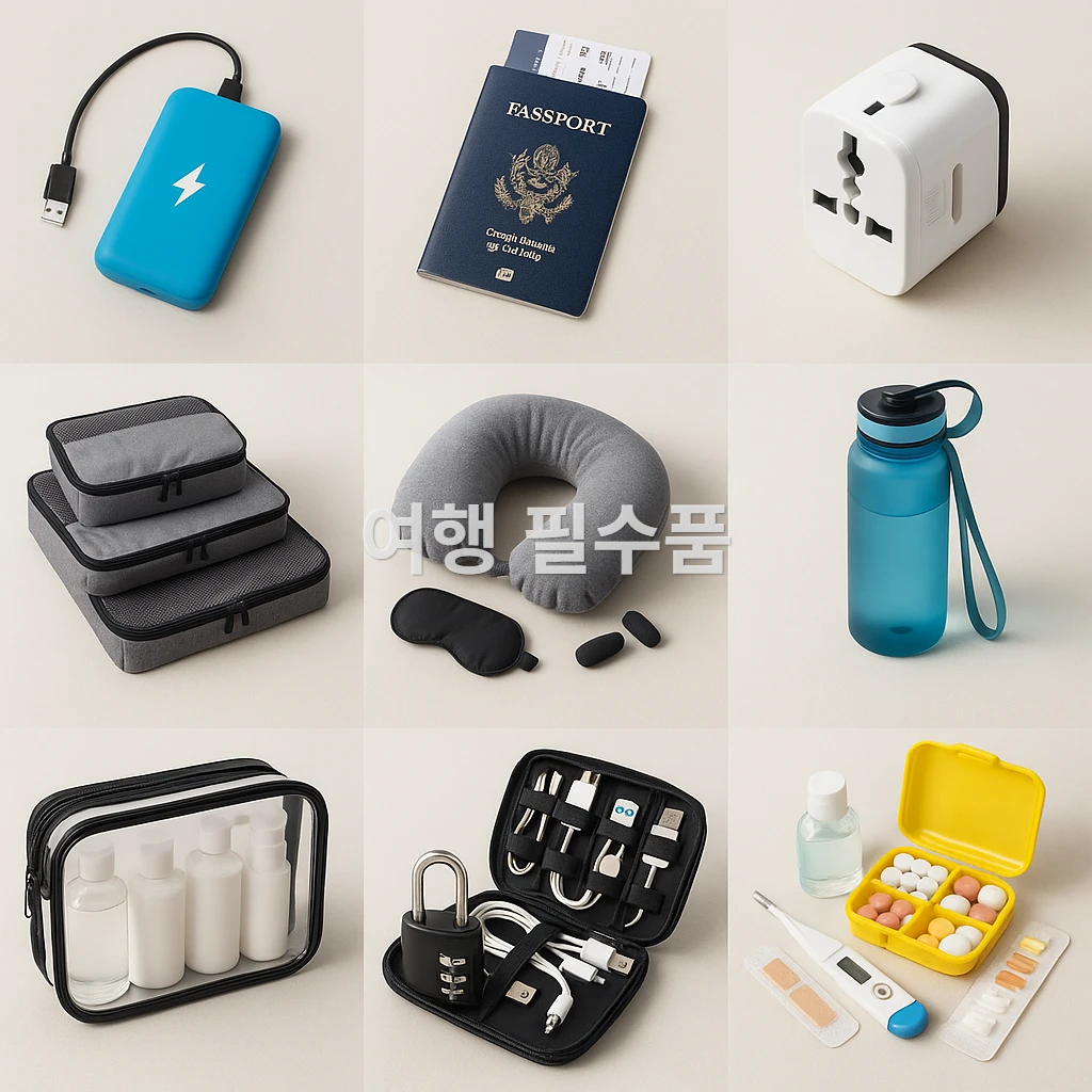 해외 여행 필수품 모음 - 멀티어댑터, 여권지갑, 약 파우치, 보조 배터리 등