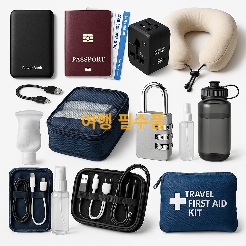 海外旅行必需品コレクション - マルチアダプタ、パスポートケース、薬ポーチ、モバイルバッテリーなど